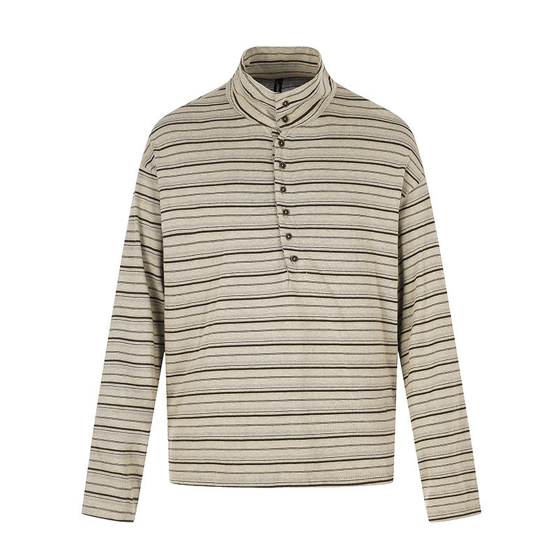 Herren Lässiges Henley-Langarmshirt mit Stehkragen und feinem Streifenmuster Drune