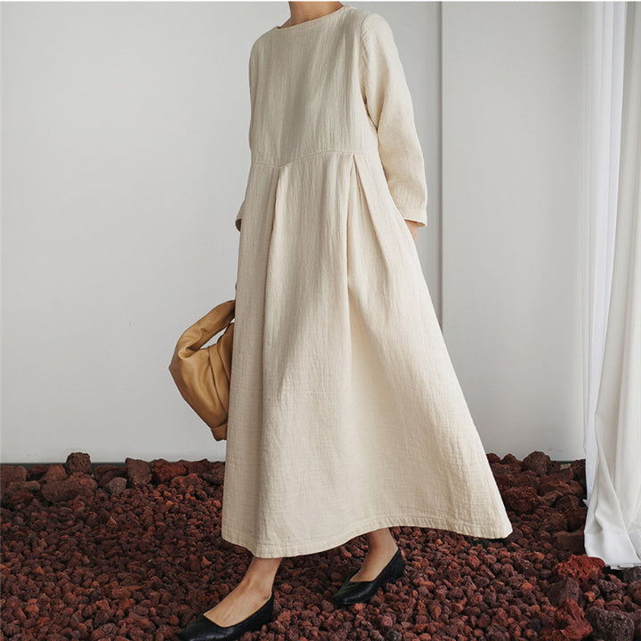Damen Maxikleid aus Leinenmix mit geraffter Hüftpasse, seitlichen Eingrifftaschen und weitem Tellerrock Drune
