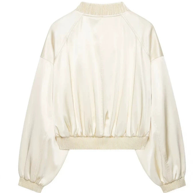 Damen Leichte Cropped Bomberjacke aus Satinoptik mit Rippenbündchen und überschnittener Schulter Drune