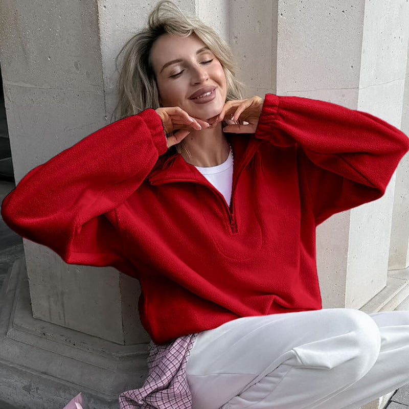 Damen Oversized Fleecepullover mit halbem Reißverschluss und Stehkragen Drune