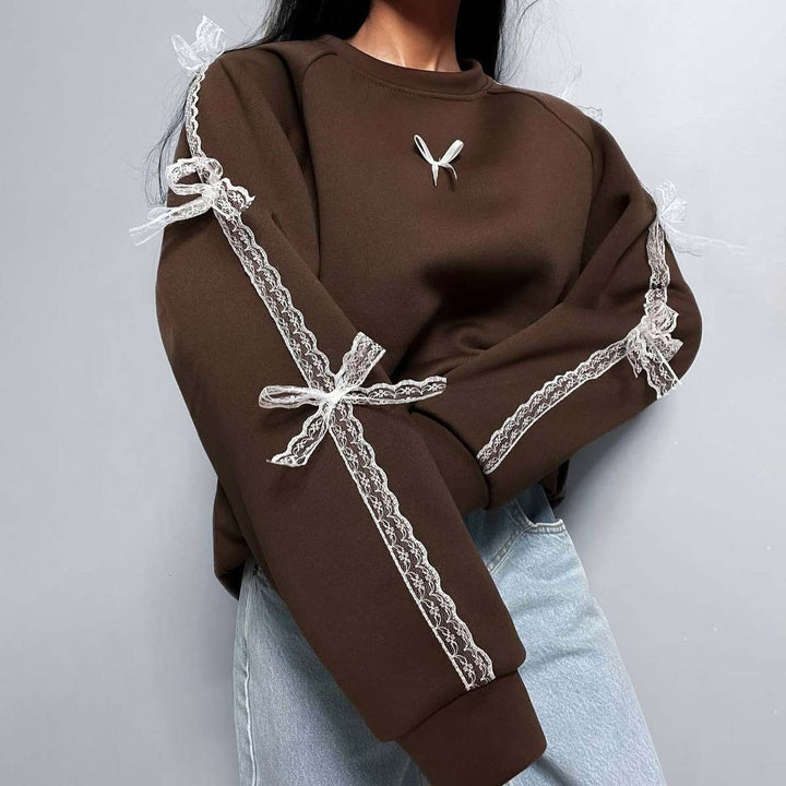 Damen elegantes Sweatshirt mit einzigartigen Bindegürteln Drune