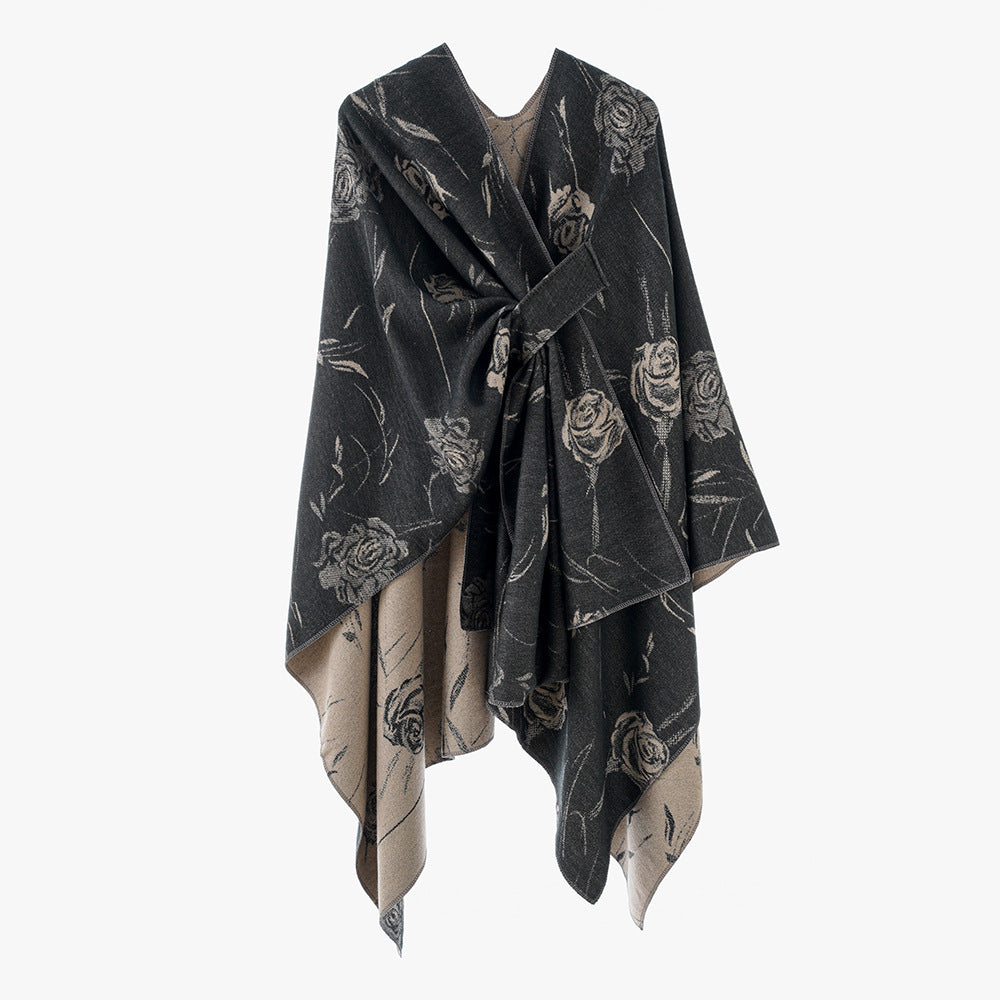 Damen Wendbarer Capeponcho mit Rosen-Jacquard und Bindegürtel Drune