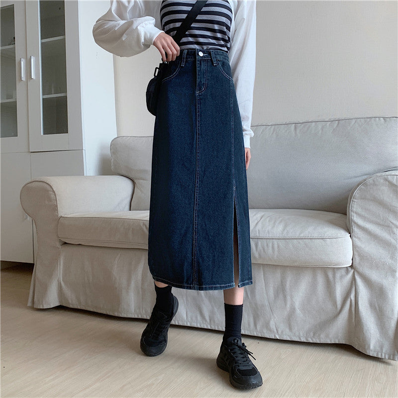 Damen Langer Denim-Rock mit seitlichem Schlitz Drune