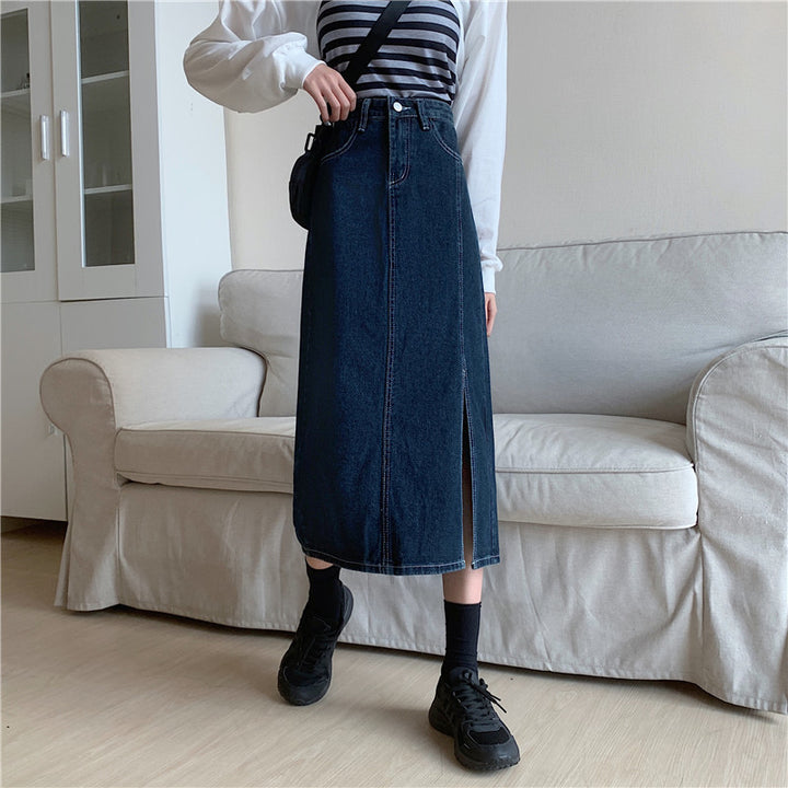 Damen Langer Denim-Rock mit seitlichem Schlitz Drune