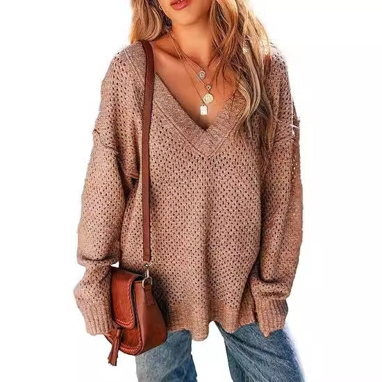 Damen Leicht gestrickter V-Ausschnitt Pullover mit lässigem Schnitt Drune