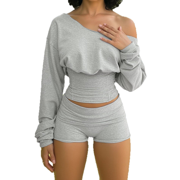 Damen nan asymmetrisches einschulteriges Lounge-Set mit tailliertem gerafftem Crop-Top und hochgeschnittenen Umschlag-Shorts Drune