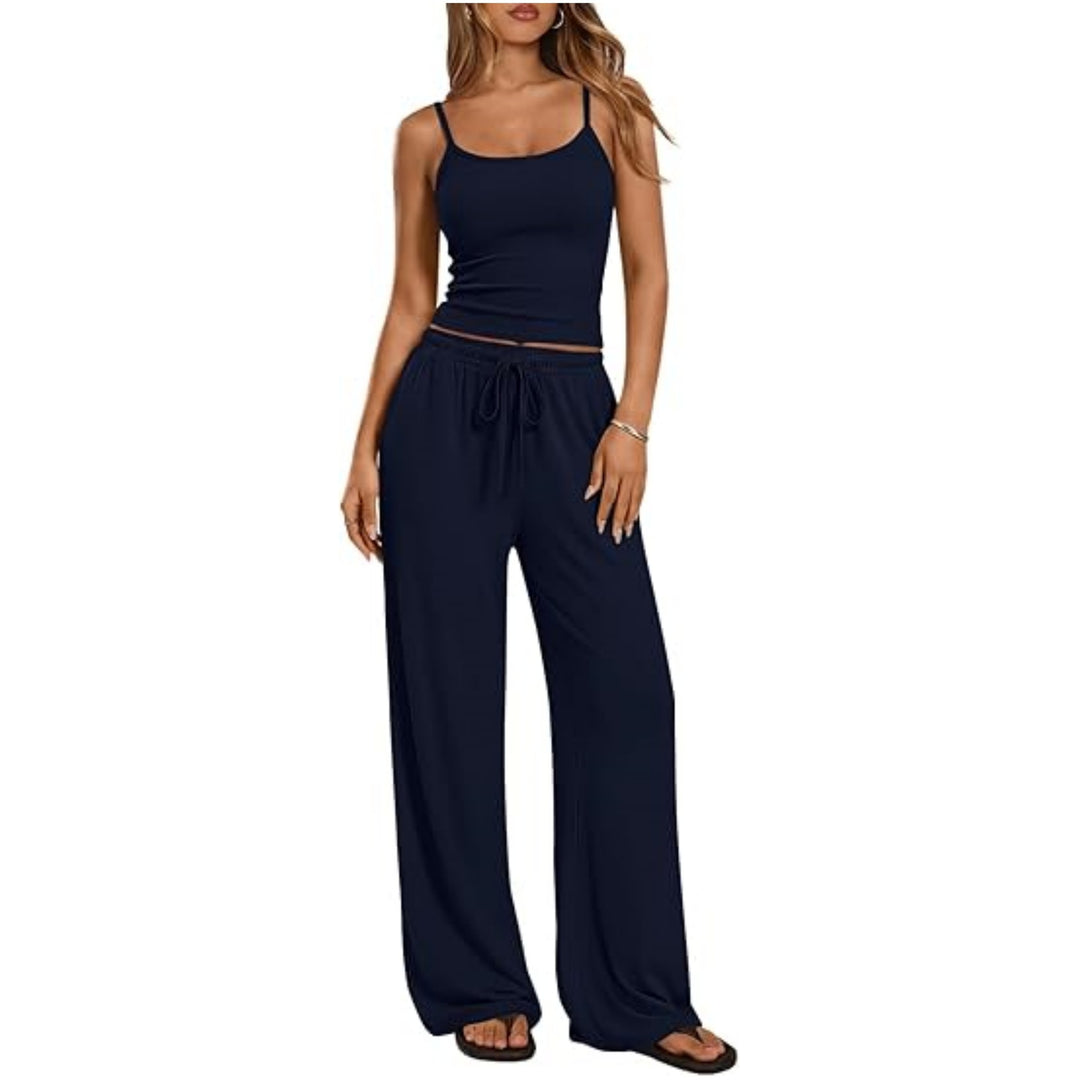 Damen Loungewear-Set aus weichem Viskose-Mix mit Spaghettiträgertop und weiter Jersey-Hose Drune