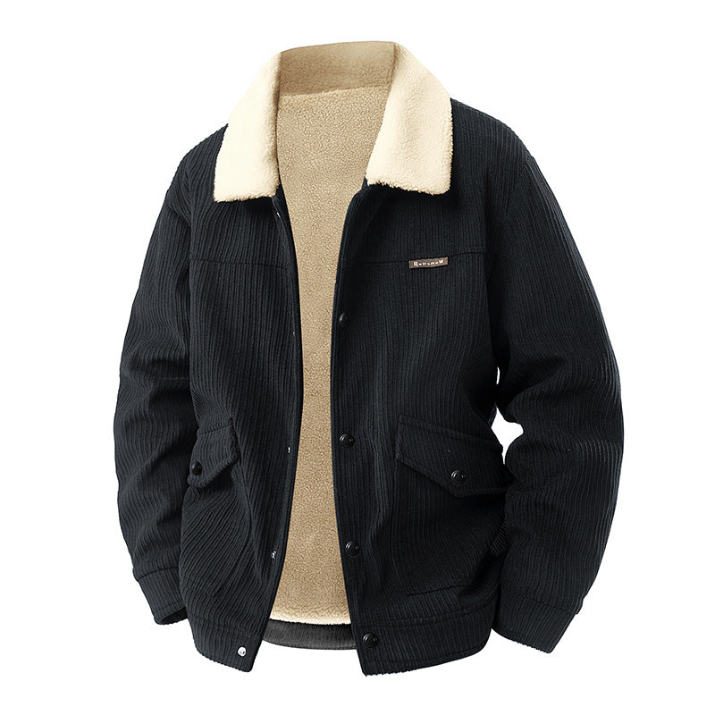 Männer's  schwerer geripptes Corduroy-Jacke mit Sherpa-Kragen und Druckknopfklapptaschen Drune