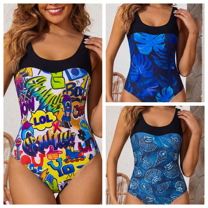 Damen Einteiliger Badeanzug mit buntem Graffiti-Design Drune