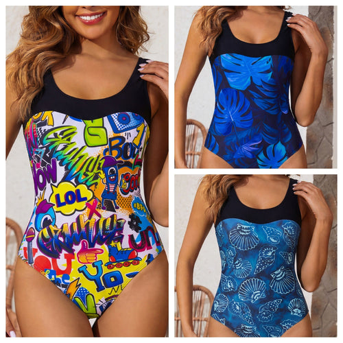 Damen Einteiliger Badeanzug mit buntem Graffiti-Design Drune