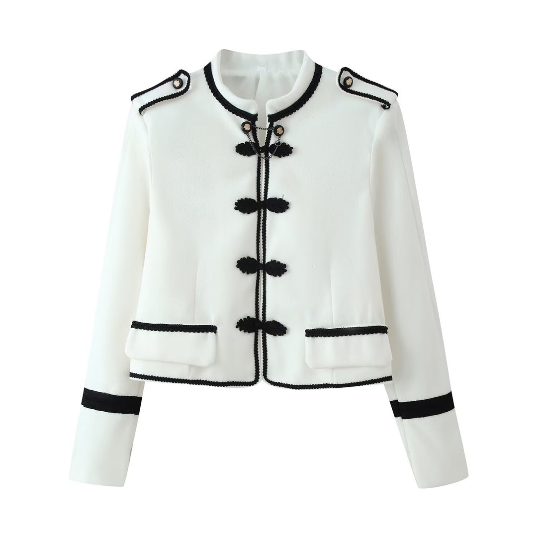 Damen Kurzjacke im Bouclé‑Look mit Mandarin‑Kragen, Kordelfroschverschluss und Zier‑Schulterklappen Drune