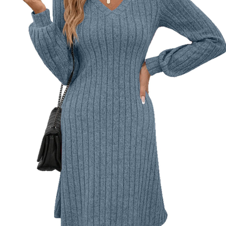 Damen Strickkleid mit V-Ausschnitt und lässigen Puffärmeln Drune