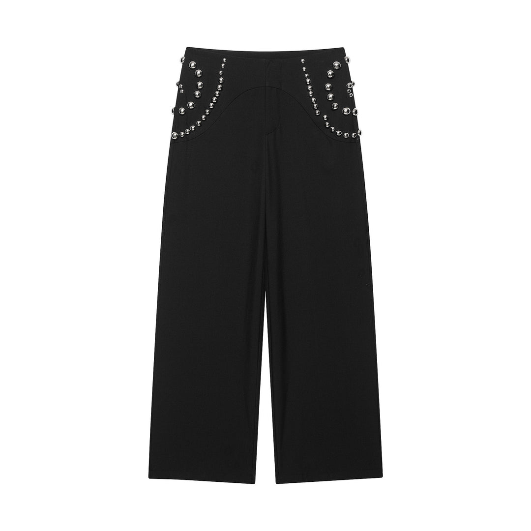 Damen Weite Highwaist-Hose mit Nietenbesatz und dekorativen Zierperlen Drune