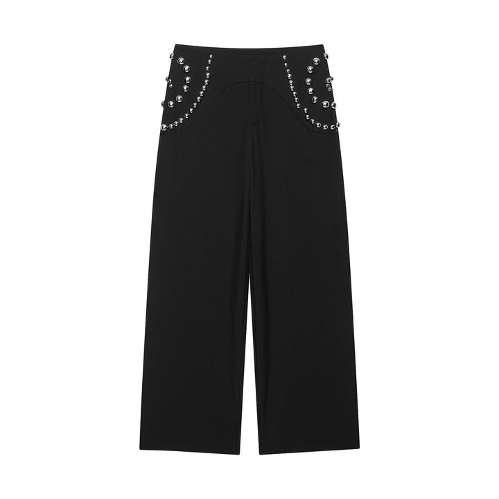 Damen Weite Highwaist-Hose mit Nietenbesatz und dekorativen Zierperlen Drune