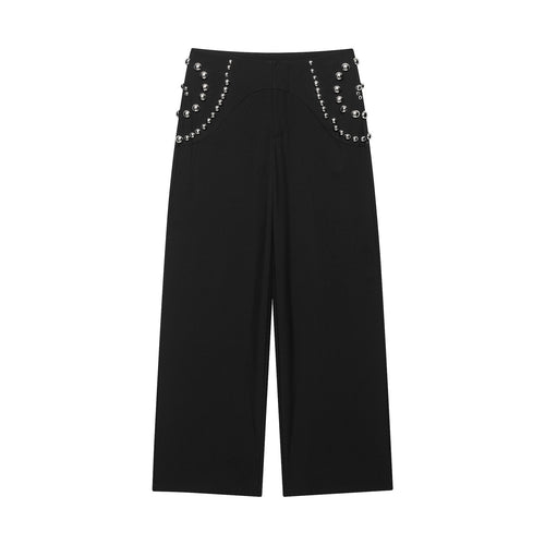 Damen Weite Highwaist-Hose mit Nietenbesatz und dekorativen Zierperlen Drune