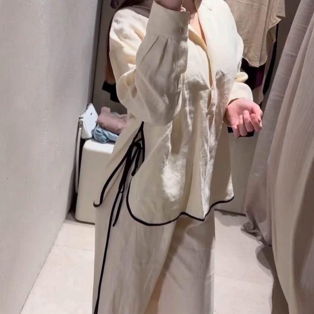 Damen Leichtes Leinen-Loungewear-Set mit weitem Bein, Hemdkragen & Kontrastpaspel Drune