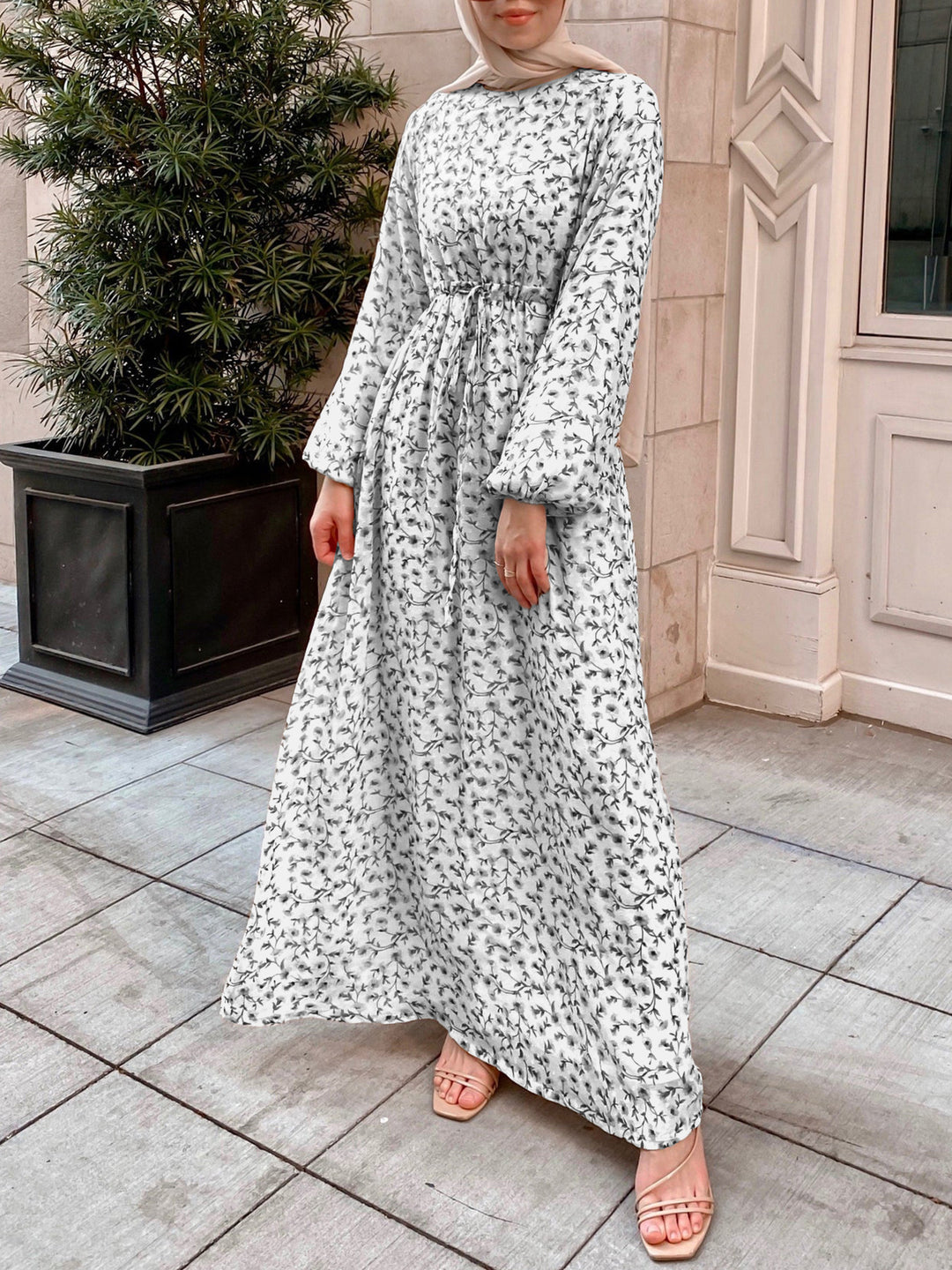 Damen Geblümtes Maxikleid mit Kordel-Taille und Ballonärmeln Drune