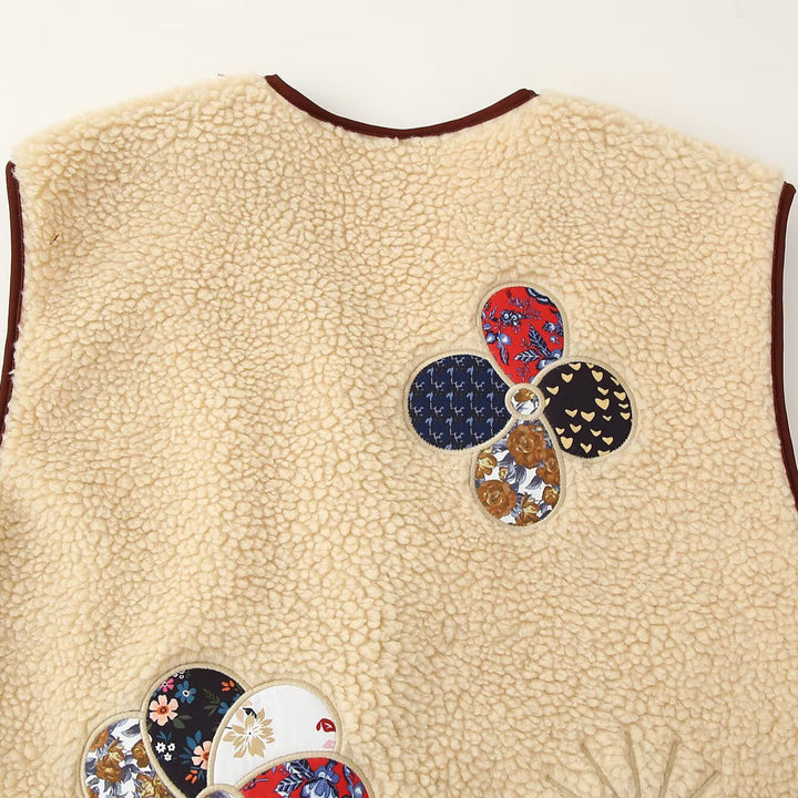 Damen Gefütterte Teddyweste mit Patchwork-Applikationen und Knebelverschlüssen Drune