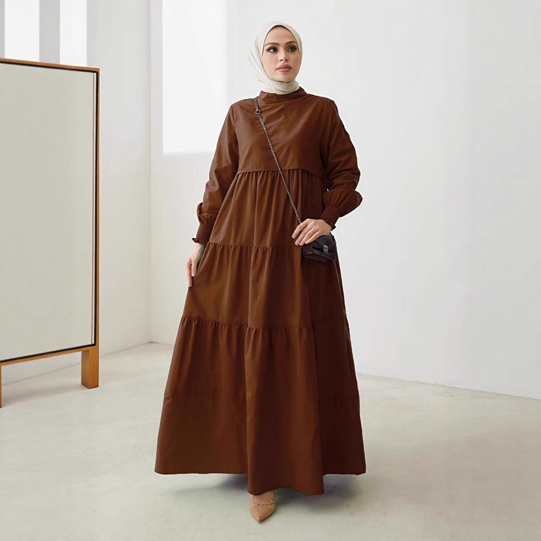 Damen Maxikleid mit Stufenrock, hohem Kragen und gerafften Ärmeln Drune