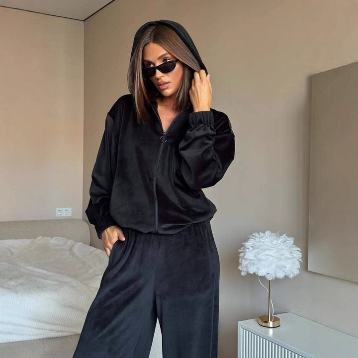 Damen Loungewear-Set mit leichtem Zip-Hoodie, elastischen Bündchen und weiten Palazzo-Hose Drune