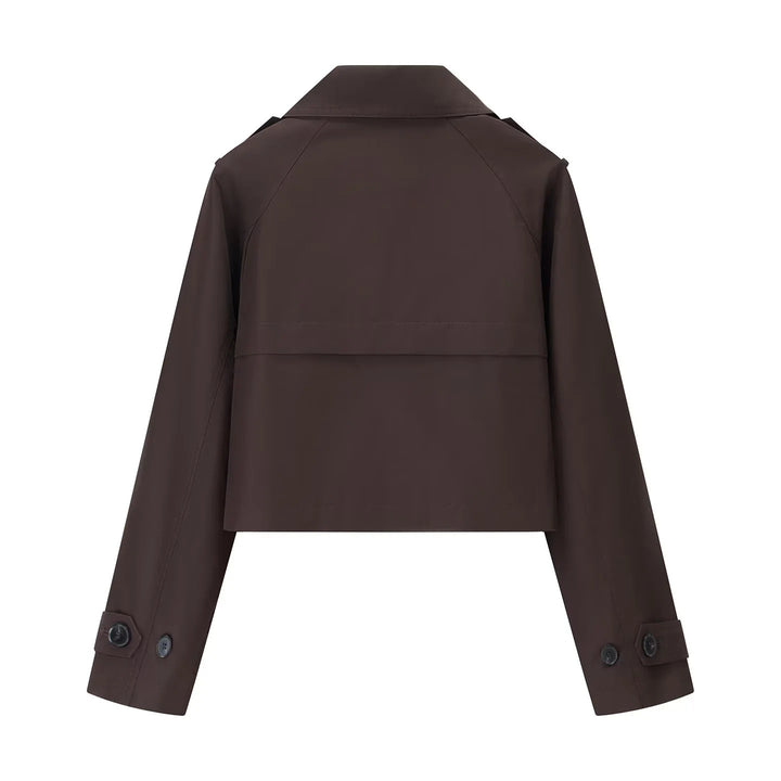 Damen nan kurzgeschnittener Cropped‑Trenchcoat mit doppelreihiger Knopfleiste und Schulterklappen Drune