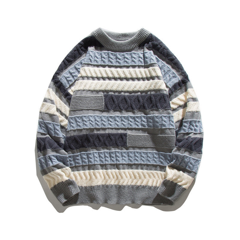 Unisex Oversize Strickpullover mit Patchwork‑Zopfmuster und Rundhalsausschnitt Drune