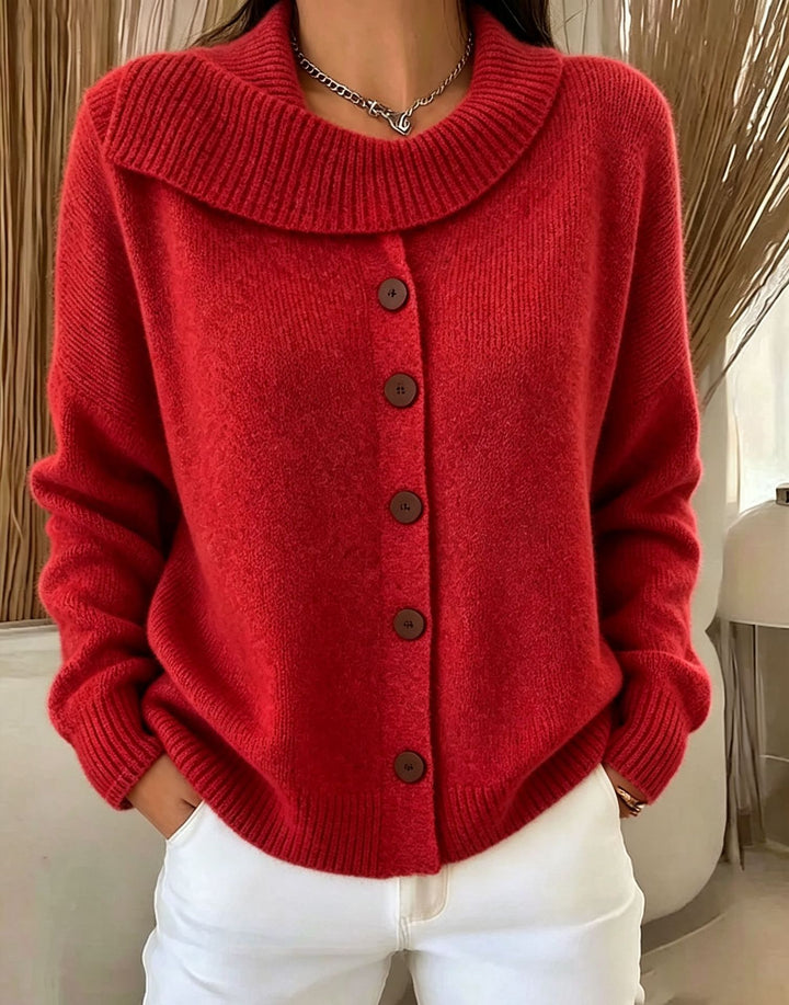 Damen Kuscheliger Knopf-Cardigan mit breitem Rollkragen und gerippten Bündchen Drune