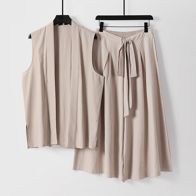Damen Ärmellose Kimono-Weste und Hochtaillierte Culotte-Hose mit Bindegürtel Drune