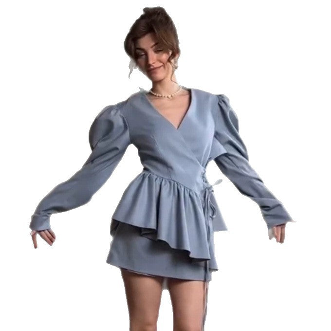 Damen Mini-Kleid mit Volant-Peplum, Puffärmeln und taillierter Silhouette Drune