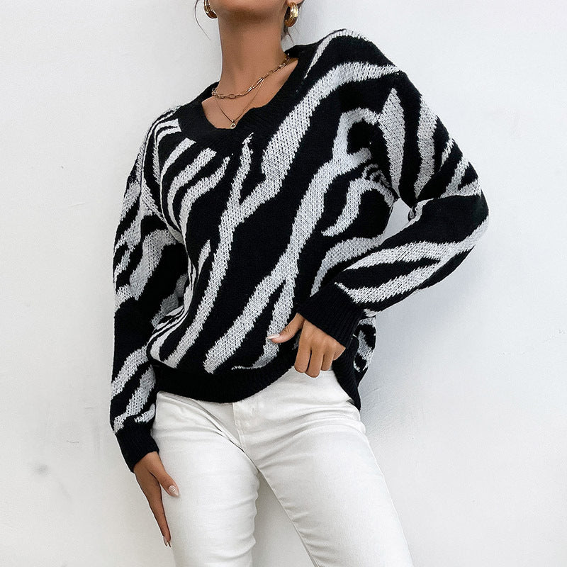 Damen Modischer Pullover mit Zebrastreifen-Design Drune