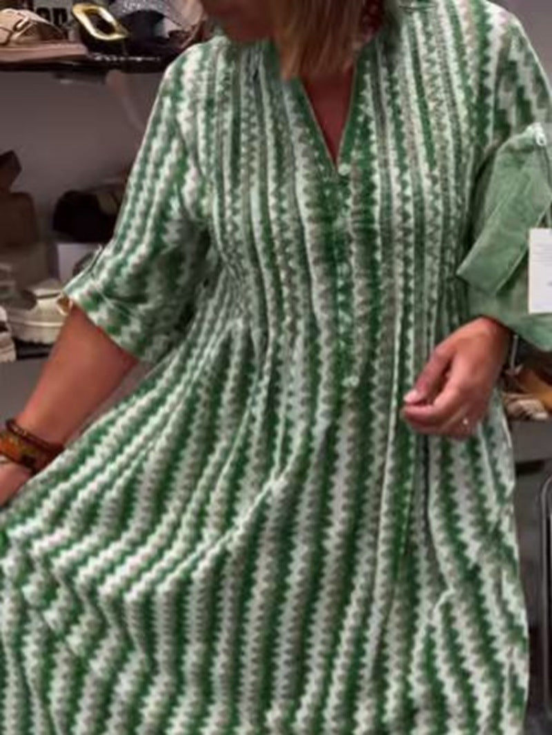 Damen nan Midikleid mit Unterbrustnaht, V-Ausschnitt, Knopfleiste und krempelbaren dreiviertelärmeln Drune