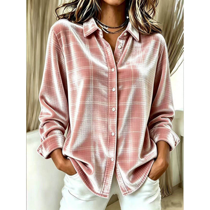 Damen Samt-Hemdbluse mit Karomuster und lockerem Oversize-Schnitt Drune