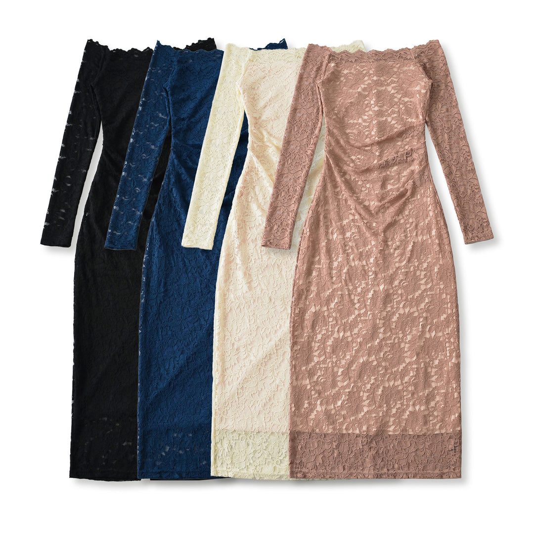 Damen Schulterfreies Spitzenkleid mit Taillenraffung und Langarm Drune