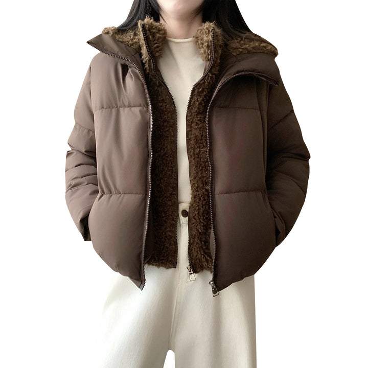 Damen nan kurze wattierte Doppeljacke mit abnehmbarem Teddy-Innenfutter und hohem Stehkragen Drune