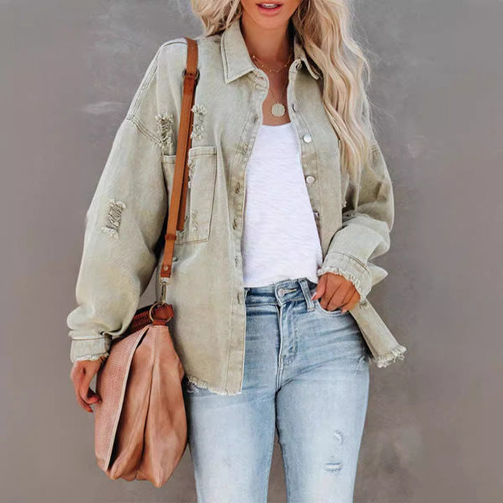 Damen Lässige Oversized Jeansjacke mit fransigen Abschlüssen und dekorativen Knöpfen Drune