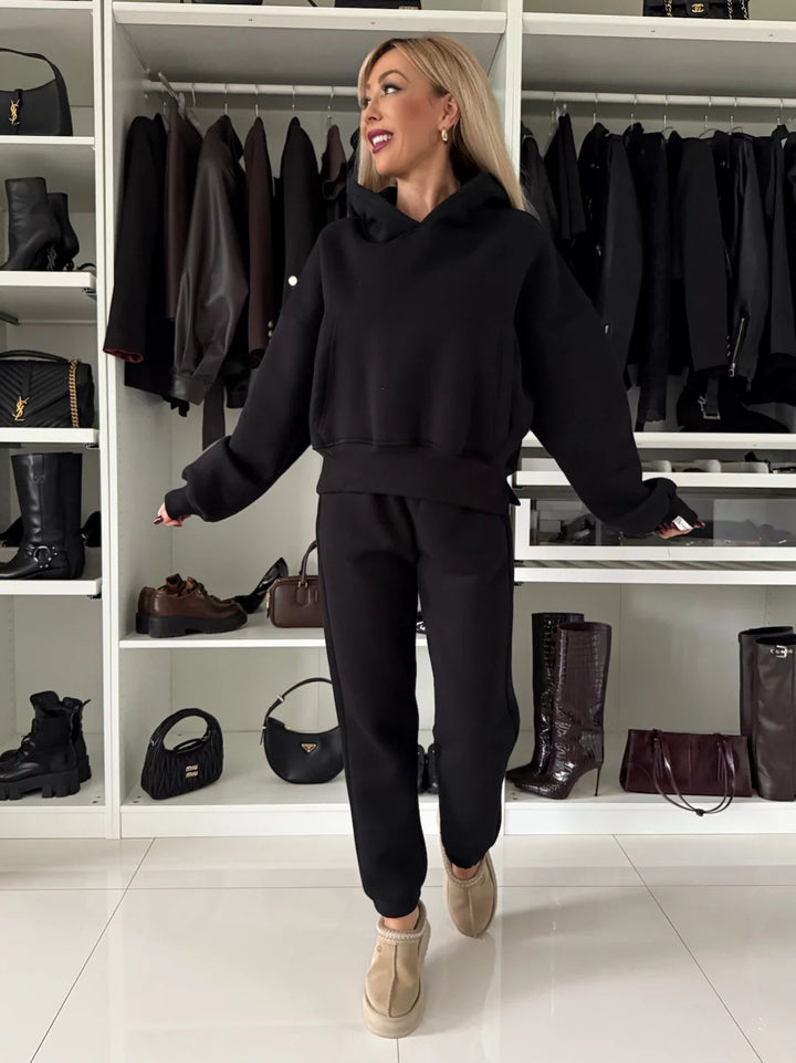 Damen Kurzgeschnittenes Kapuzen-Hoodie und High‑Waist Jogginghose Set aus weichem French-Terry Drune