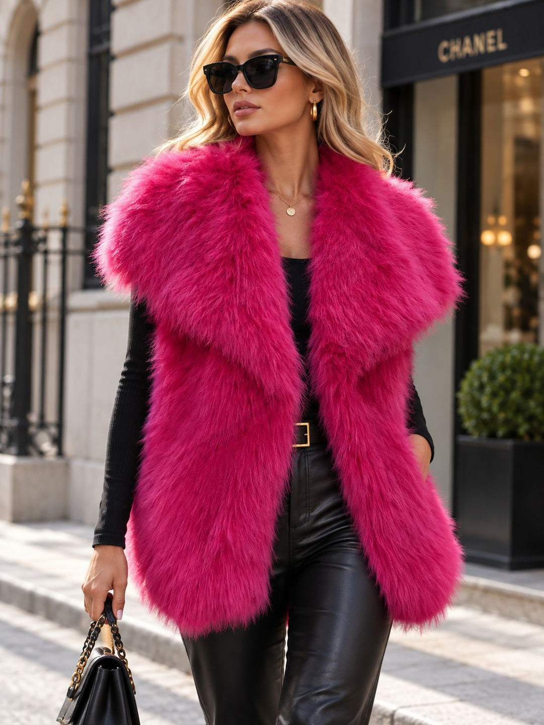 Damen Ärmellose Luxus‑Faux‑Fur‑Weste mit extraweichem Langflor und übergroßem Schalkragen Drune