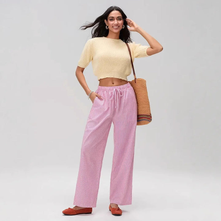 Damen Weit geschnittene Streifenhose mit elastischem Bund Drune