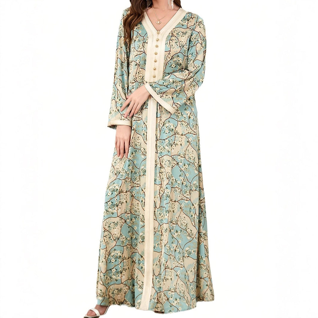 Damen Maxikleid mit kunstvollem Blumenmuster und Knopfdetails Drune