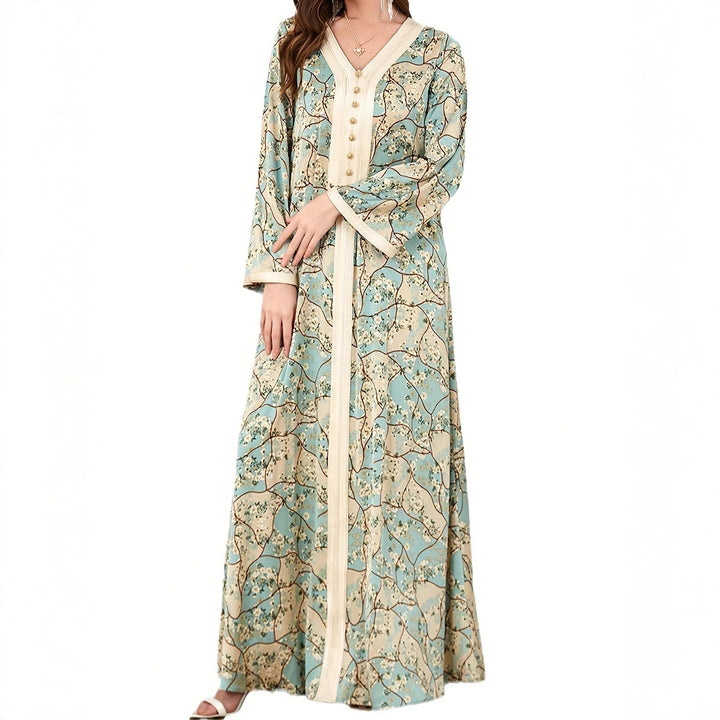 Damen Maxikleid mit kunstvollem Blumenmuster und Knopfdetails Drune