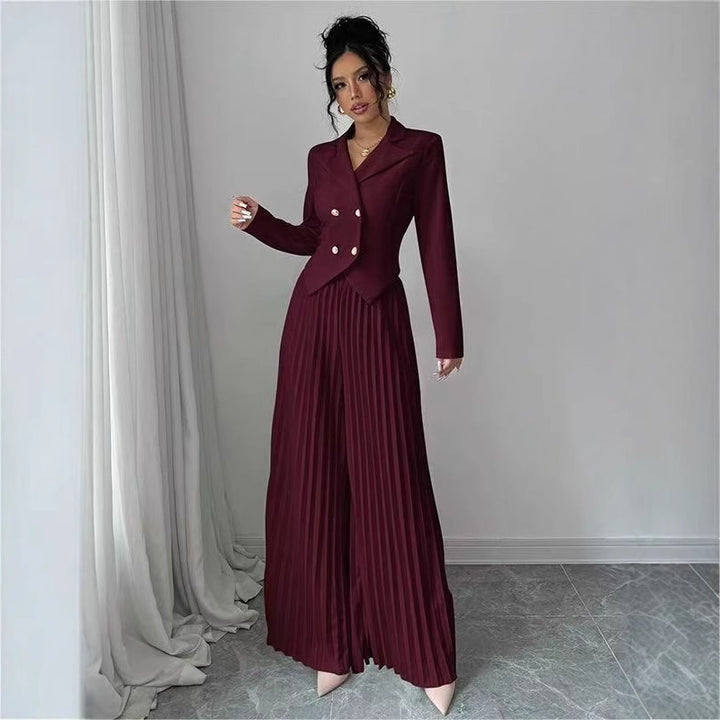 Damen Taillierter Doppelreihiger Blazer und plissierte Palazzo-Hose Drune