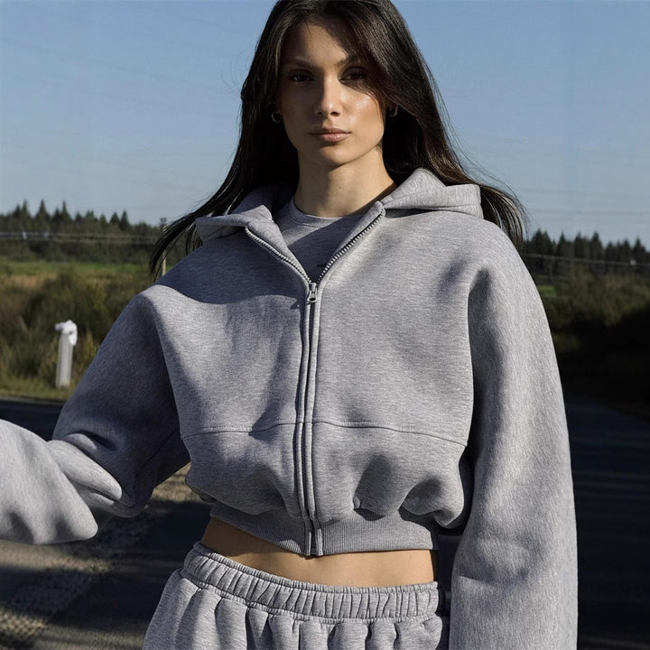 Damen lässiger Cropped Sweatjacke und bequeme Jogginghose Set Drune