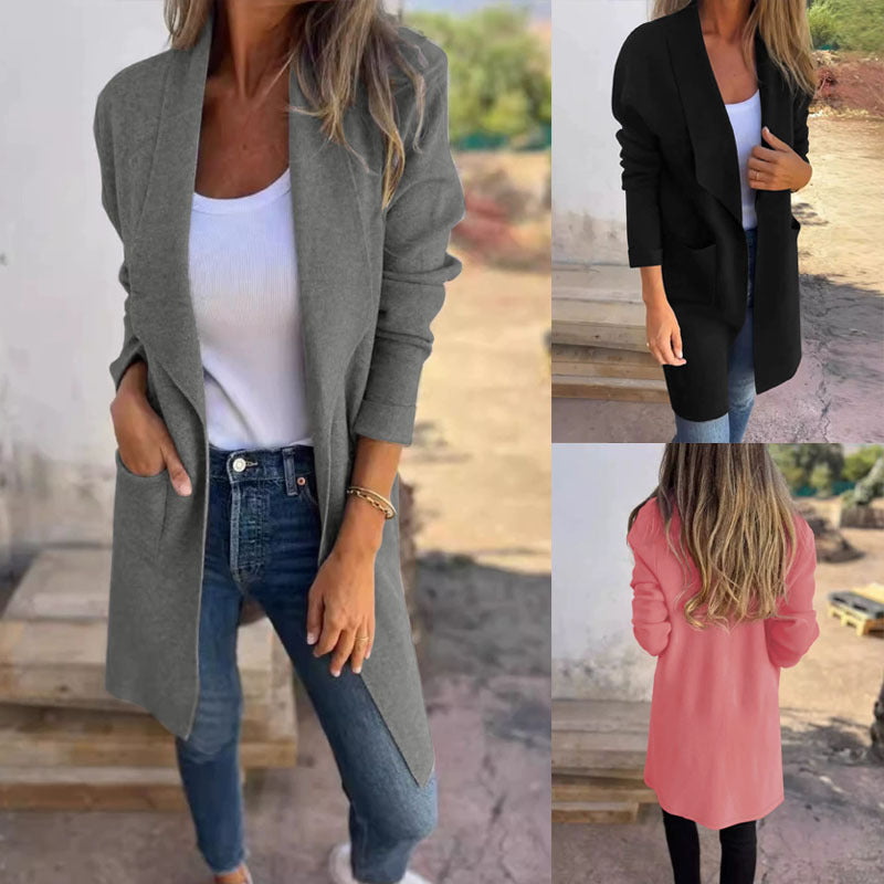 Damen Langer offener Cardigan mit Schalkragen, Eingrifftaschen und leichtem Fall Drune