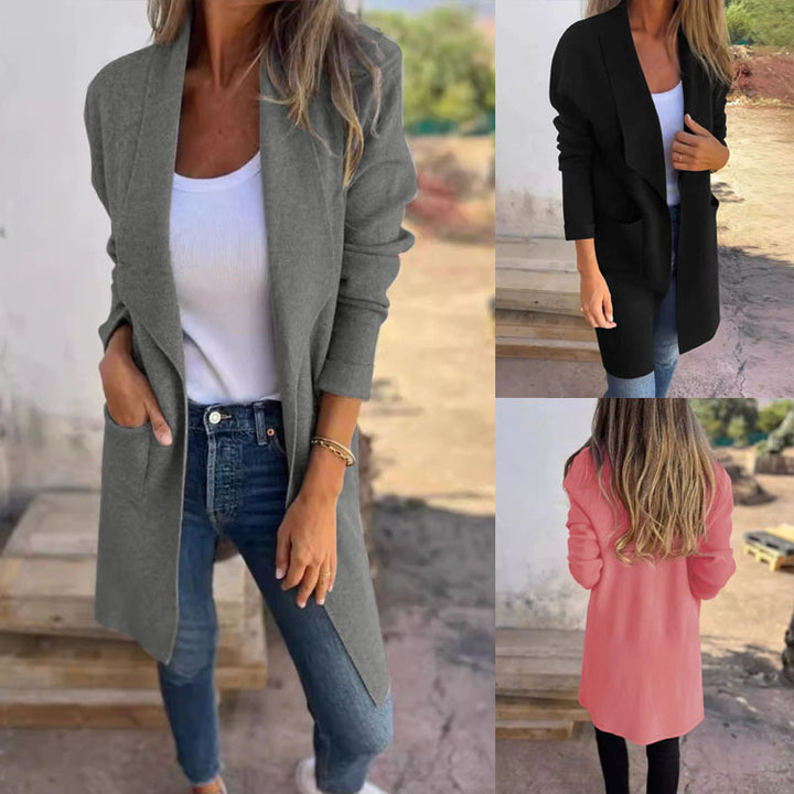 Damen Langer offener Cardigan mit Schalkragen, Eingrifftaschen und leichtem Fall Drune