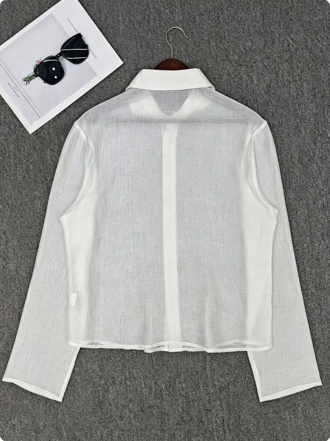 Damen Transparente Hemdbluse in Leinenoptik mit Kentkragen Drune