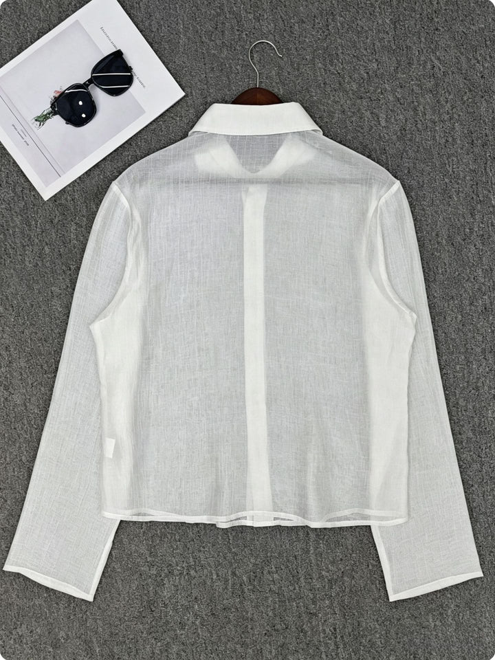 Damen Transparente Hemdbluse in Leinenoptik mit Kentkragen Drune