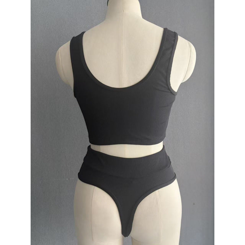Damen Hochbund Bikini-Set mit strukturierter Oberfläche und modischem Crop-Top Drune