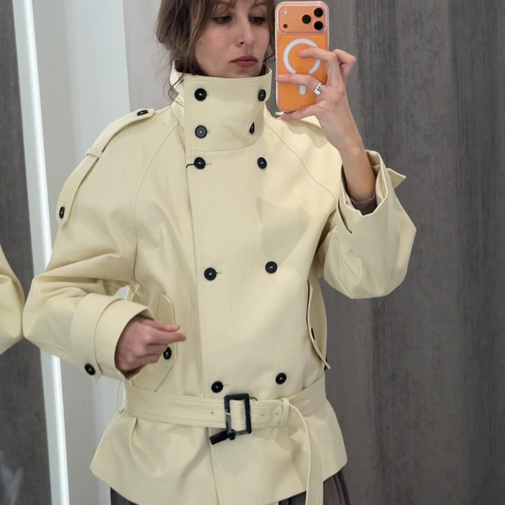 Damen Kurze doppeltknöpfte Trenchjacke mit hohem Stehkragen und Taillengürtel Drune