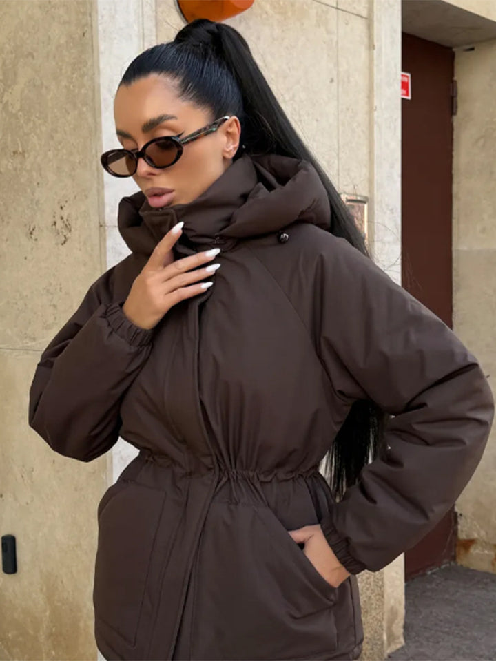 Damen Steppparka mit hohem Kragen, tailliertem Kordelzug und Kapuze Drune