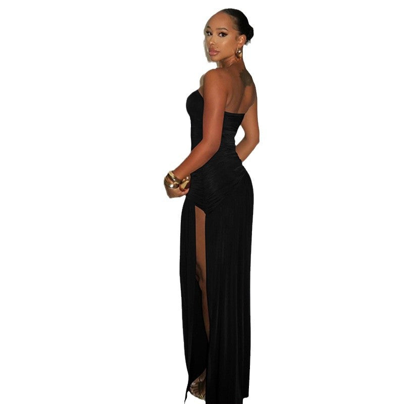 Damen trägerloses Maxikleid mit hohem Schlitz und elegantem Faltenwurf Drune
